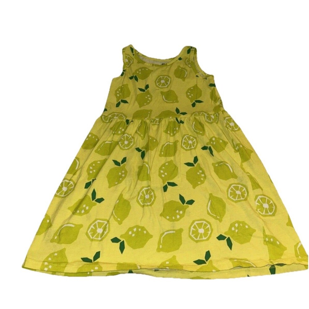 H&M Girls Lemon Dress Size 6-7 Yellow Citrus Fruit Cotton Jersey Summer Pullover
